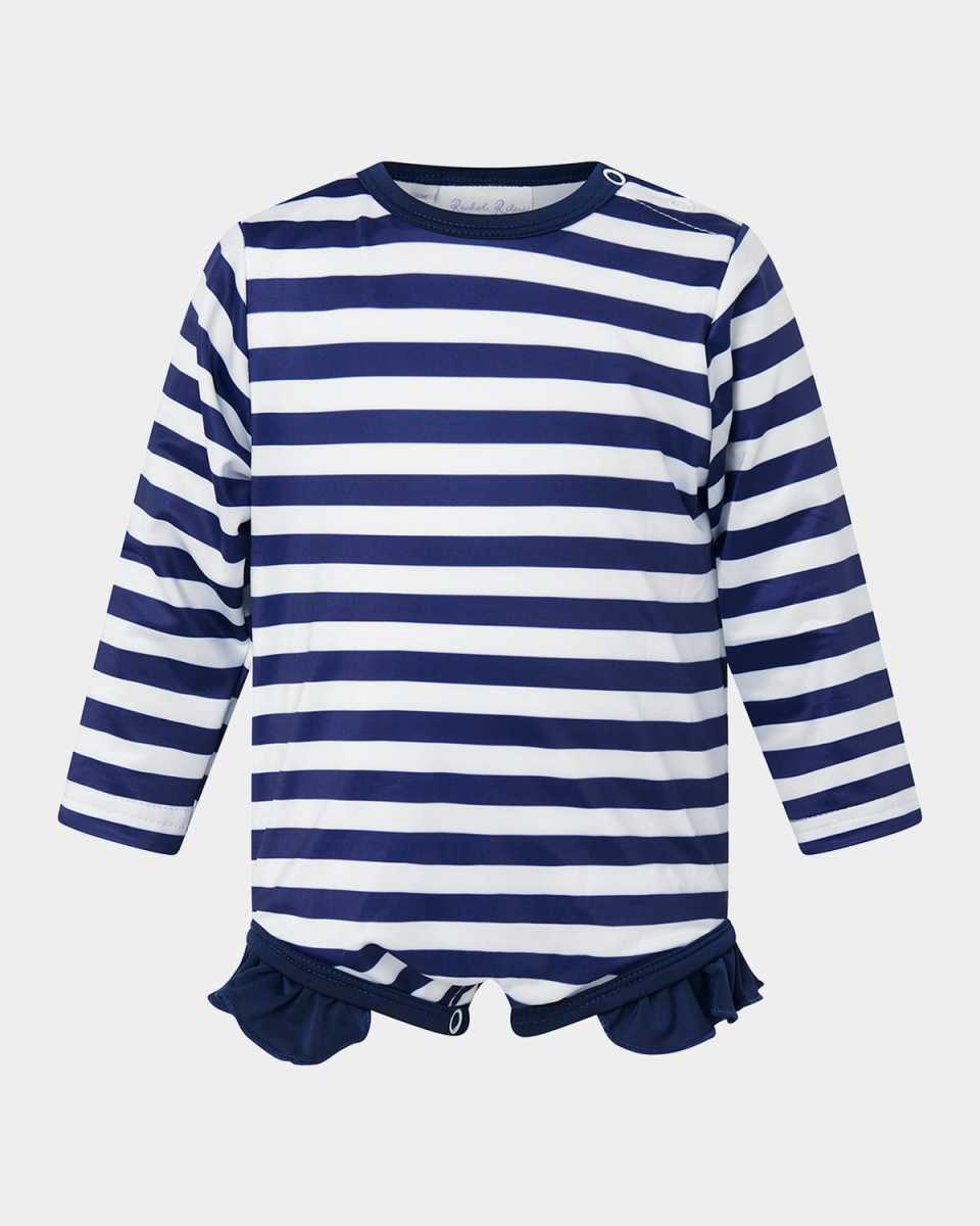 Girl's Breton Stripe Frill Rashguard One-Piece Swimsuit, Size 6M-24